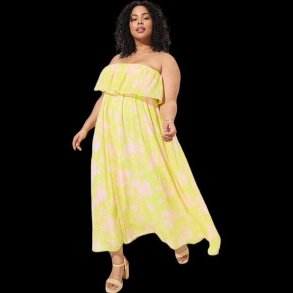 6X 30W Torrid Green Maxi Chiffon Ruffle Strapless Dress Pink Floral Smocked Neon - Picture 1 of 6